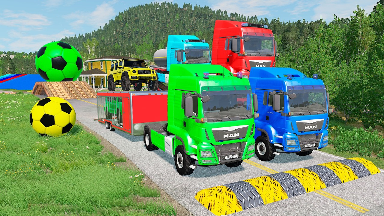 Flatbed Trailer McQueen Transportation with Truck - Speedbumps vs Cars vs Train - BeamNG.Drive #05