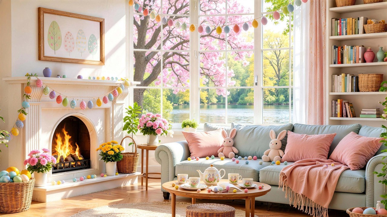 Easter Ambience 🐰 Calm Piano Music & Fireplace with Cute Bunnies in a Cozy Spring Cabin