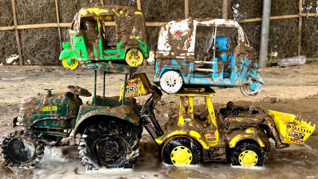 Toy Mud Rig Rickshaw khilona mudding toys video | Sonalika tractor toy muddy ...