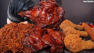 ASMR MUKBANG | BBQ Chicken 🍗 Spicy Black Bean Noodles EATING 짜장불닭볶음면 자메이카 통다리구이 치킨 소스 퐁당! 먹방