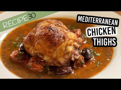 Mediterranean chicken thighs  Braised and roasted with olives and red wine