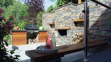 Slate Stack Wall Cladding, with Sawn Ash & Rio Slate Paving