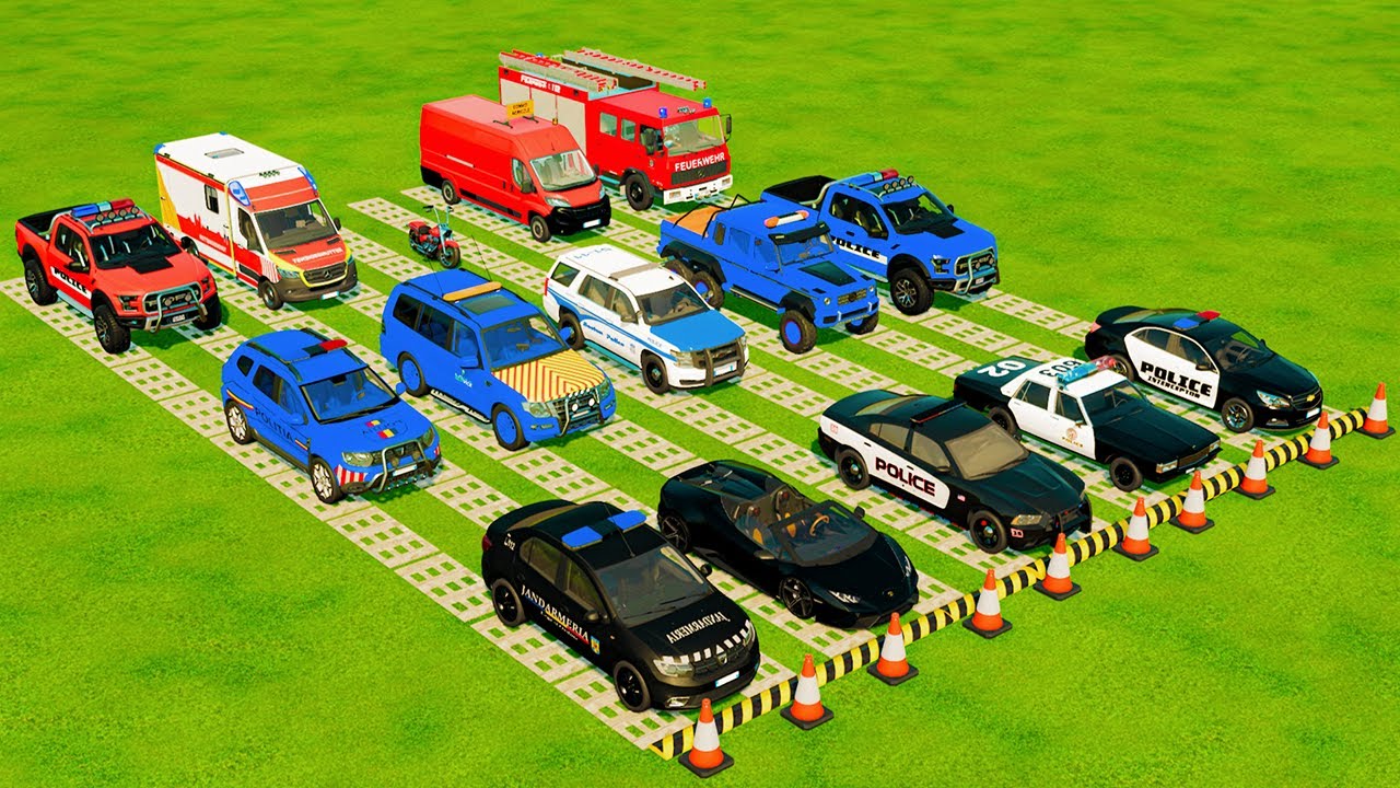 TRANSPORTING ALL POLICE CARS, AMBULANCE, FIRE TRUCK, COLORFUL CARS WITH TRUCK -FARMING SIMULATOR 22!