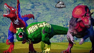 Iron Fist Trex, Ultimasaurus, Spiderman Spinosaurus Epic Dinosaur Battle in JWE - SuperHero Fight