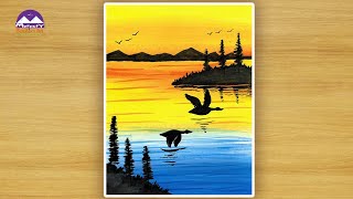 How To Draw Birds Flying In Sunset Sky Easy Drawing