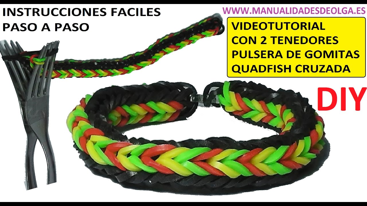COMO HACER PULSERA DE GOMITAS QUADFISH CRUZADA (CROSS QUAD-FISH) CON 2 T...