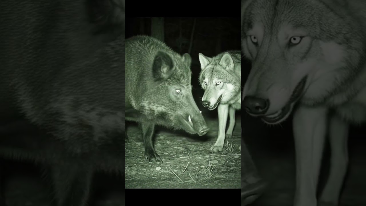 Night Vision: Boar vs Wolf Standoff