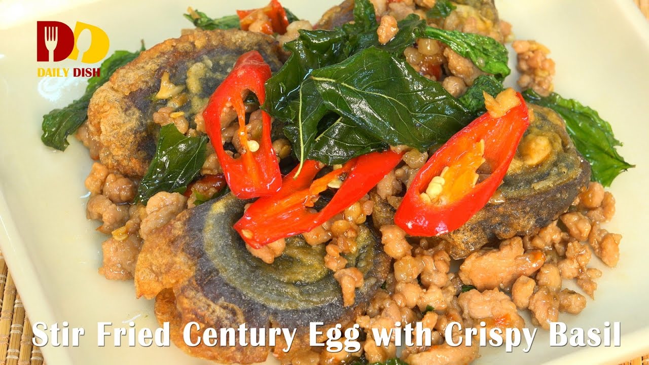 Stir Fried Century Egg with Crispy Basil Thai Food Kra Pao Kai Yeaw