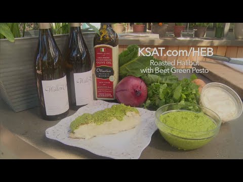 HEB Roasted Halibut with Beet Green Pesto