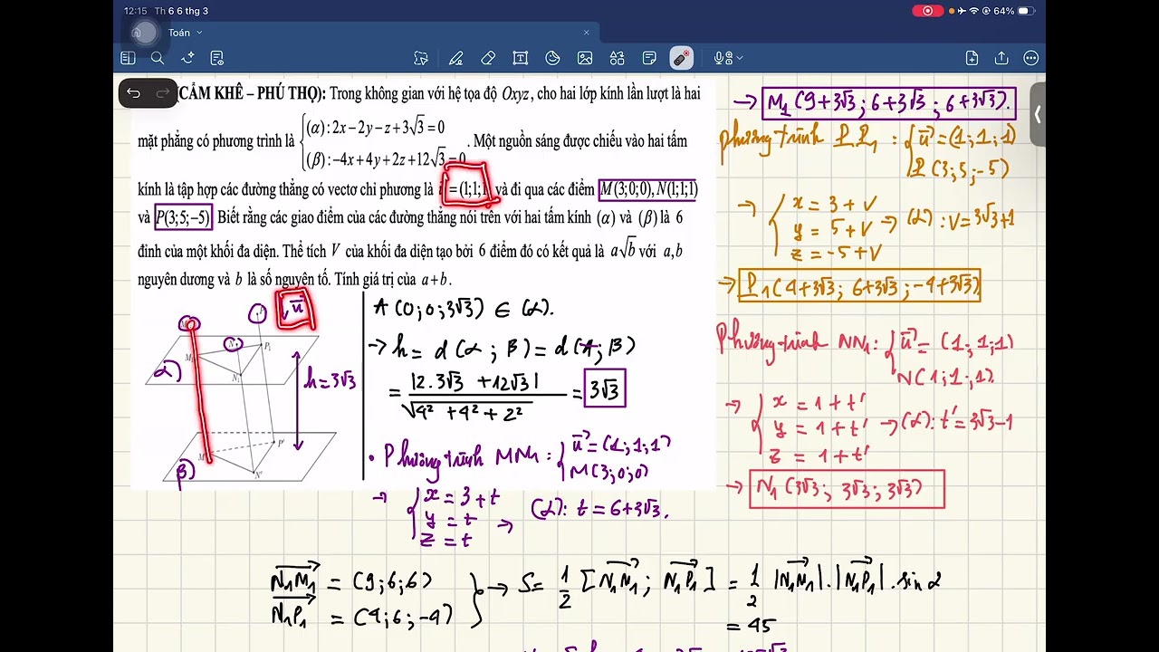 Trong không gian với hệ toạ độ Oxyz, cho hai lớp kính lần lượt là hai mặt phẳng có phương trình là: