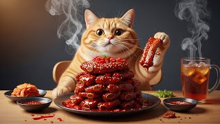 Fat Cat Mukbang 🐱 | Thai Spicy Pork Ribs Tower 🌶🍖 ASMR Eating Show
