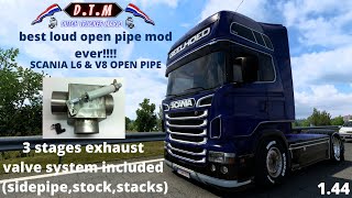 ets 2 BEST LOUD OPEN PIPE MOD EVER WITH 3 stages exhaust valve system , scania geelhoed skin, D.T.M