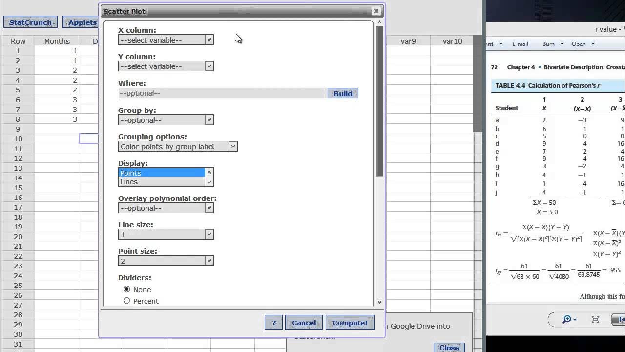 Making a Scatterplot and Calculating the r Value in StatCrunch YouTube