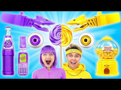 YELLOW VS PURPLE FOOD CHALLENGE || Eating One Color For 24 HOURS! Last To STOP Wins By 123GO! TRENDS