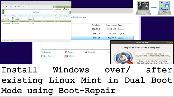 Install Windows over existing Linux Mint in dual boot mode using boot repair