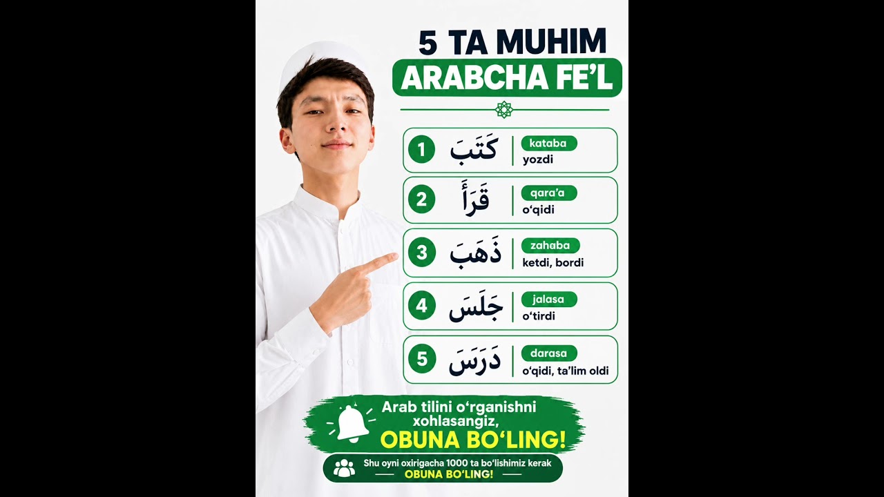 ARABCHA ENG KOP ISHLATILADIGAN FELLAR #arabtili #arabic #arabtilidarslari #quron #arabcha #duolar