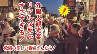 Foreign tourists react to maiko in various ways! Beautiful night in Gion　