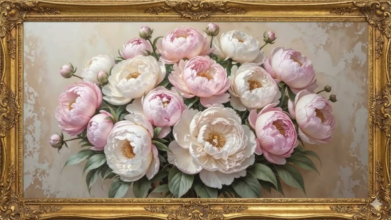 Peach Peonies, Vintage Oil Painting 4k | Gold Framed TV Art Loop No Ads | Samsung Frame TV Art,