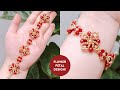 Flower petal beaded bracelet. Red pearl beading bracelet tutorial. Beaded jewelry making tutorial