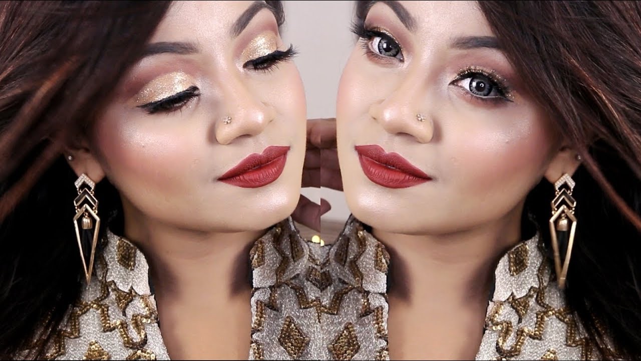 গোল্ডেন গ্লিটার মেকআপ টিউটোরিয়াল | Golden Glitter Cut Crease Makeup - Indian Wedding Guest Makeup