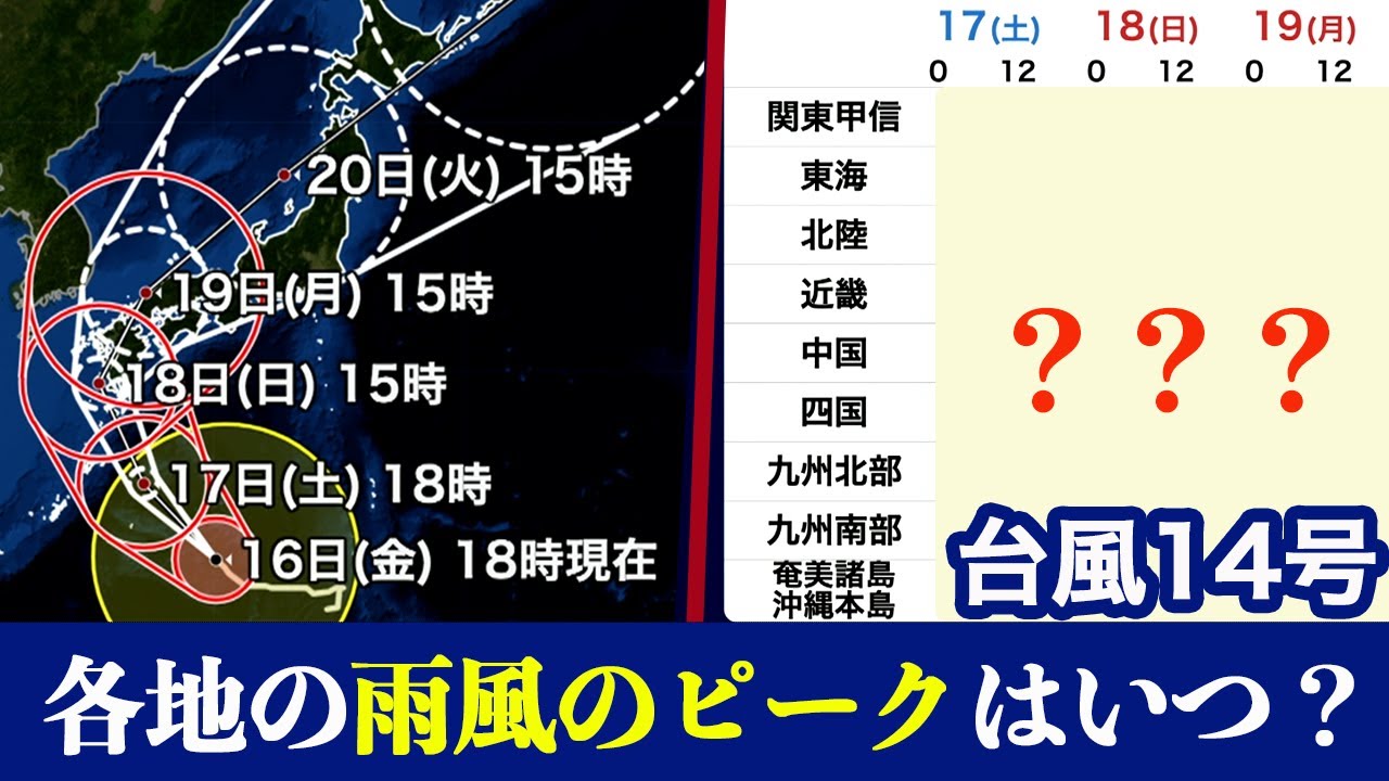 【台風14号】各地の雨風のピークの時間帯は? - YouTube