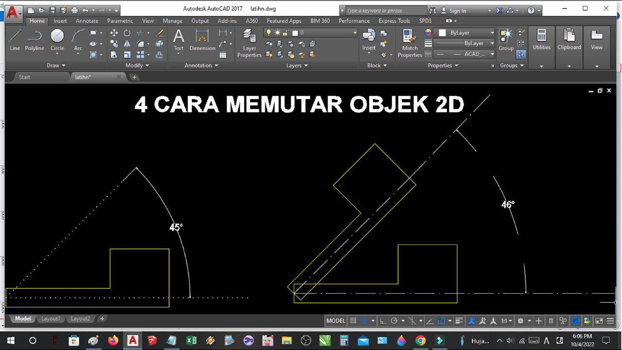 Tutorial Autocad Cara memutar objek 2d - YouTube