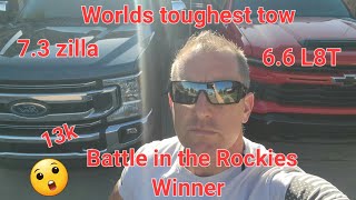 The World Toughest tow winner..I.K.E. Battle in Rockies 24 chevy HD 6.6 L8T vs. Ford F250 Godzilla!