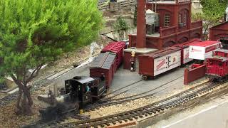 Live steam Accucraft Ruby switching freight at the brewery yard on the Oyster Creek garden railroad.
