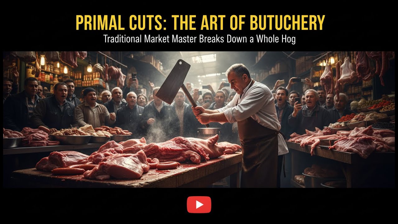 Traditional Butcher Cuts a Whole Pig in a Village Market
