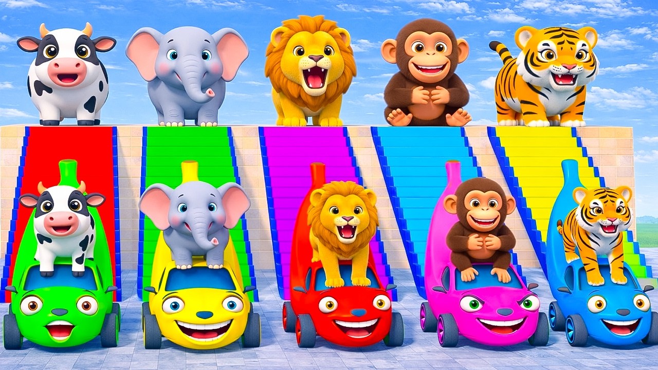 Long Slide Game With Elephant Gorilla Buffalo Hippopotamus Tiger - 3d Animal Game - Funny 3d Animals