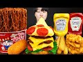 ASMR MUKBANG 직접 만든 치즈 햄버거 치즈스틱 불닭볶음면 치킨먹방! &amp; 레시피 FIRE NOODLES AND CHEESE BURGER EATING SOUND!