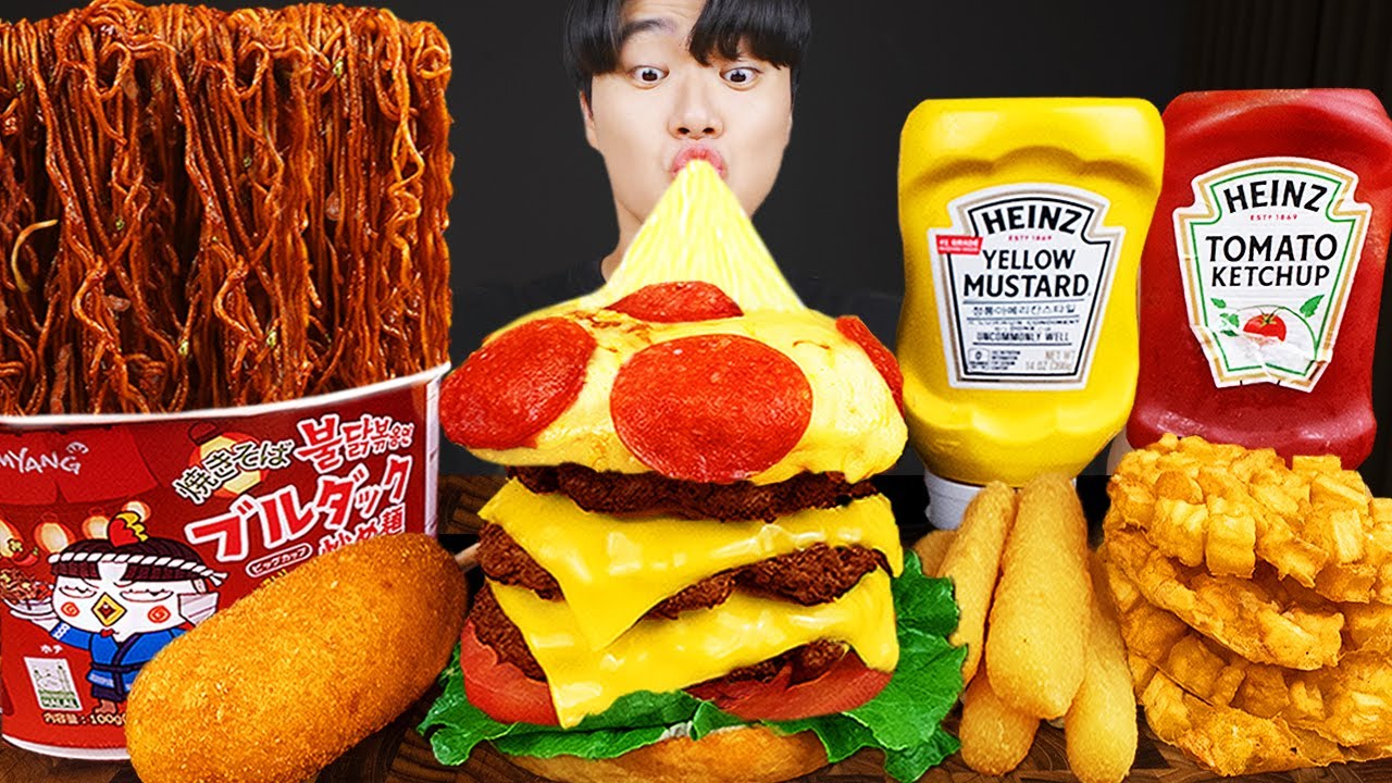 ASMR MUKBANG | гамбургер, Сырная палочка, Огненная лапша, жареная курица рецепт блюда принимать пищу