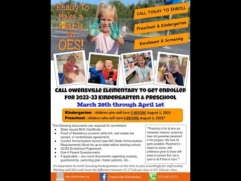 Owensville Elementary School Preschool and Kindergarten Enrollment and Screening