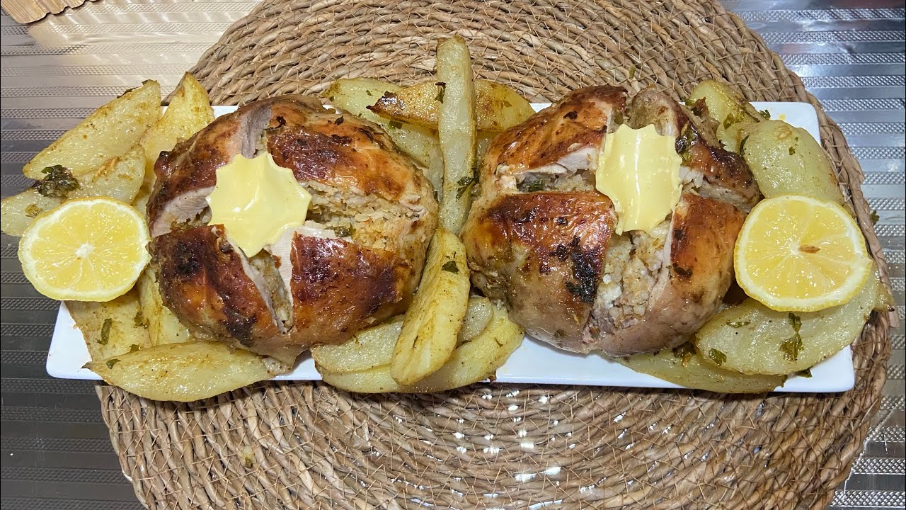 طبق فخم مداير حالة افخاذ متبلين ومحشيين بوصفة بنينة تقتل مع بطاطا مشرملة وصوص هايلة