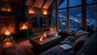 Snowy Evening in Cozy Cabin | Windy Winter Night, Fireplace, Cat & Dog, Mountain Village Lights