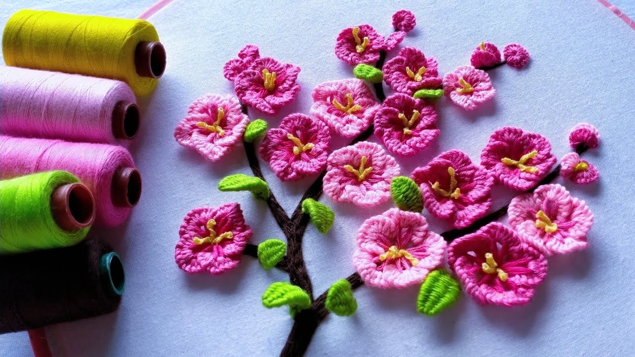 Pink Beautiful Cherry Blossom Hand Embroidery | Easy Way to Embroider |Tutorial Menyulam Bagi Pemula