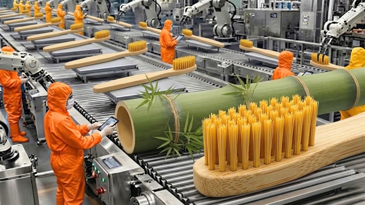 Proceso de producción del cepillo de bambú natural dentro de una fábrica moderna