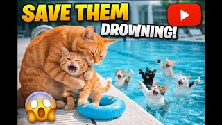 Poor Ginger Kitten Gets Teased for Not Knowing How to Swim, So Mama Cat Sends Her to Swim Class😿