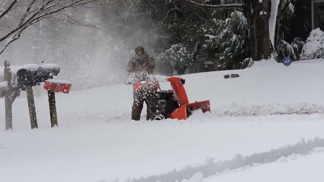 ARIENS PLATINUM AX 369cc SNOW BLOWER throwing ten inches of heavy wet snow.