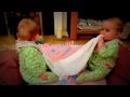 Cute twin babies playing tug of war