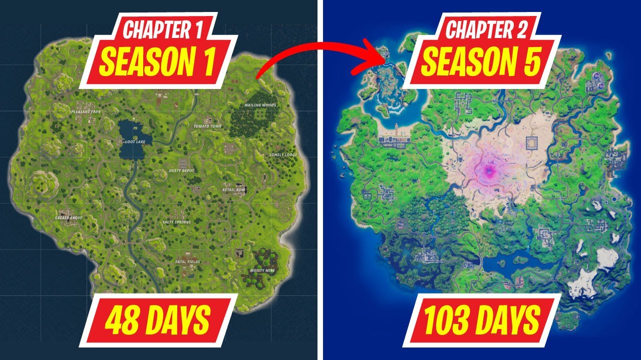Evolution of Fortnite Map from Chapter 1 to Chapter 2 Season 5 (Season