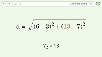 Find the distance between two points p1 (3,7) and p2 (6,13): Step-by-Step Video Solution