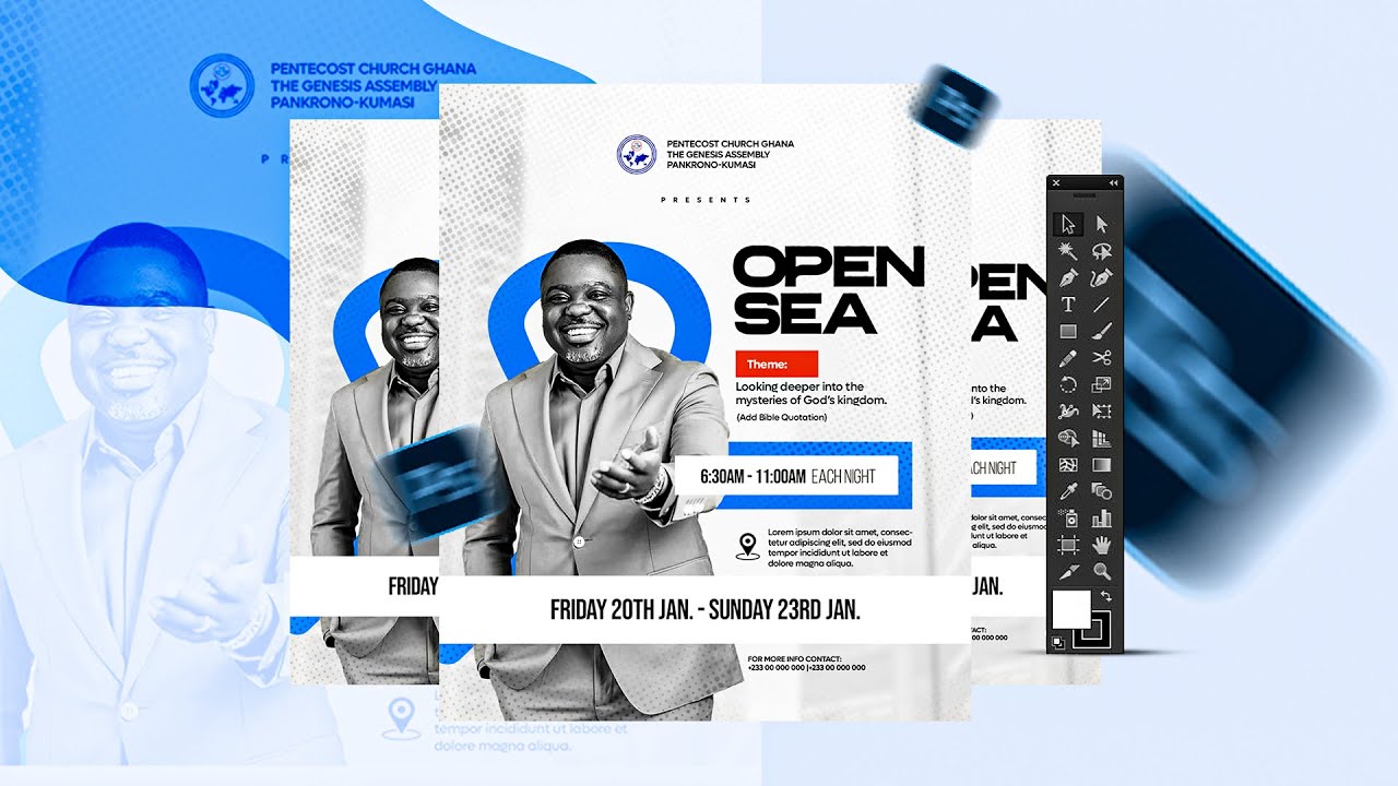 2-Color Magic (Black & Blue): Design a Church Flyer Using Photoshop - For Beginners.