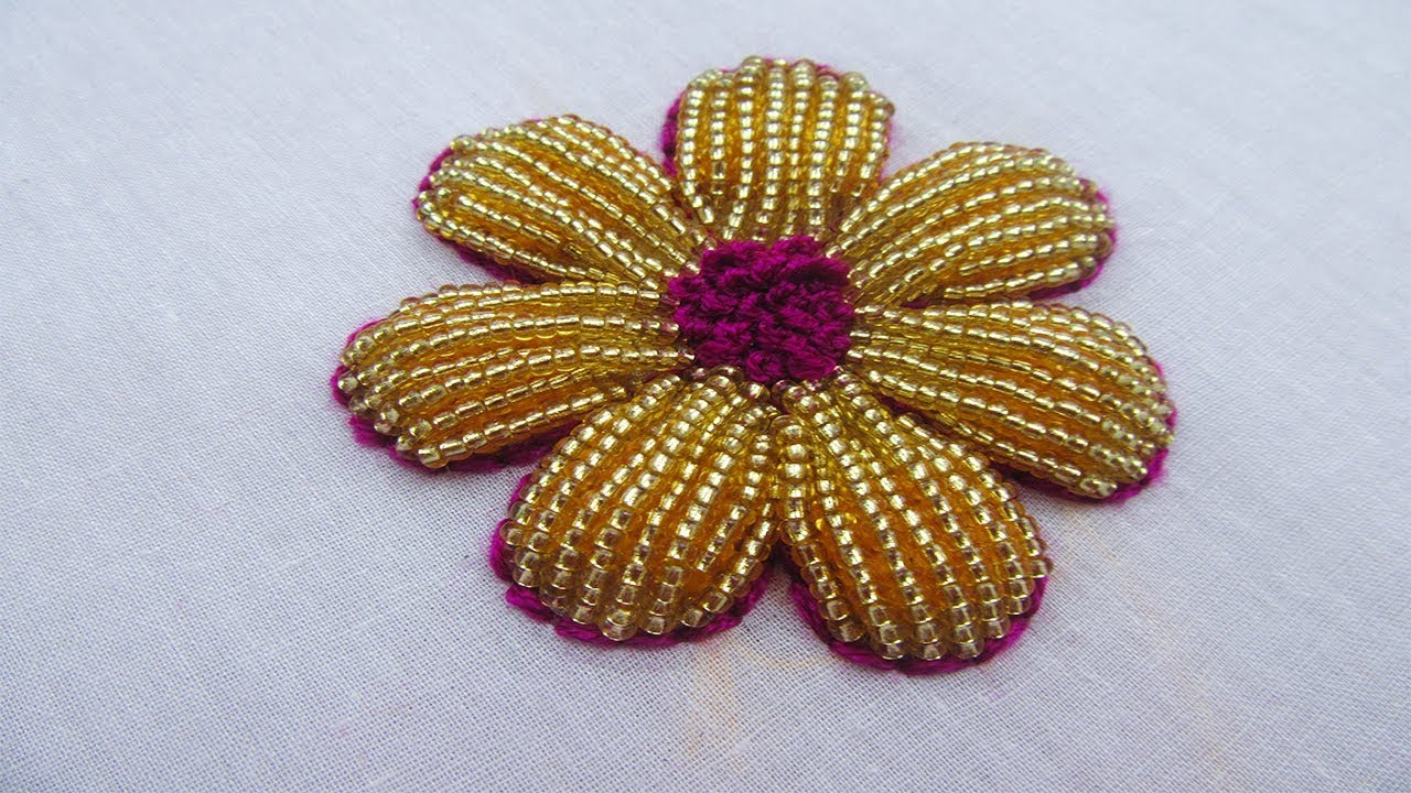 Hand Embroidery Beads Work, Beads Flower Embroidery Tutorial 