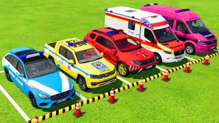 MERCEDES, VOLKSWAGEN, DACIA POLICE CARS & MERCEDES AMBULANCE EMERGENCY TRANSPORTING ! FS22