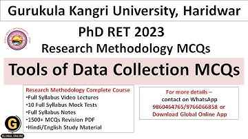 Gurukula Kangri Vishwavidyalaya RET 2023 Research Methodology MCQs|Tools Data Collection MCQs|