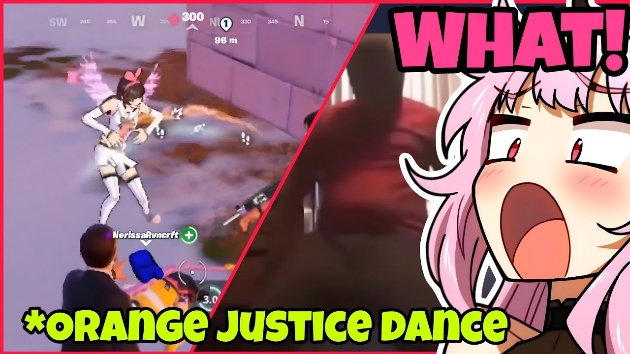 Calliope witness Kizuna Ai doing Orange Justice Dance in Fortnite