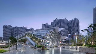 The aedas-designed train station connecting hong kong to beijing has a
curving roof planted with trees that visitors can climb for views out
over skyline...