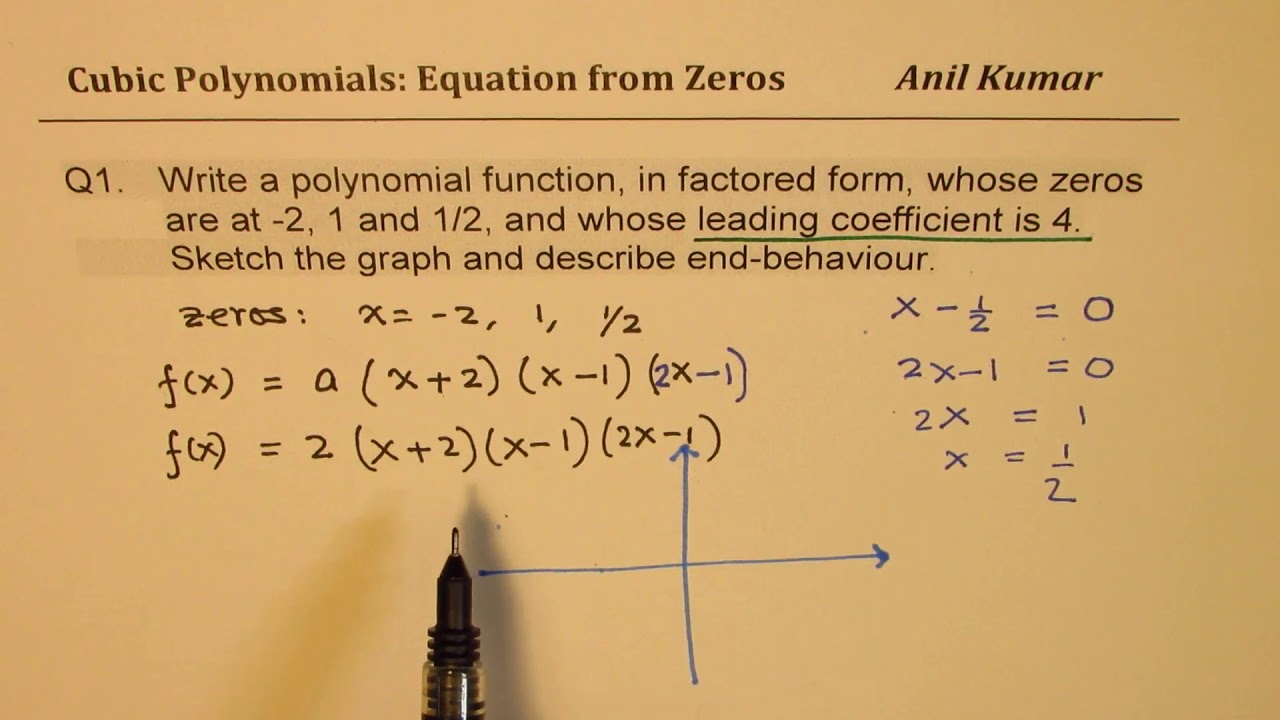 Write Equation Of A Cubic Polynomial From Zeros And Leading Coefficient And Describe End Behaviour 