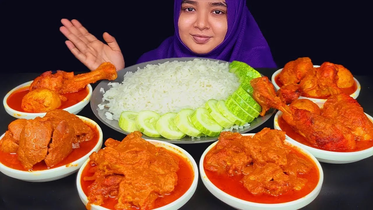 REAL MUKBANG ASMR EATING MUTTON KOSHA, CHICKEN DUG BANGLO CURRY, KALEJI CURRY WITH RICE, BIG BITES